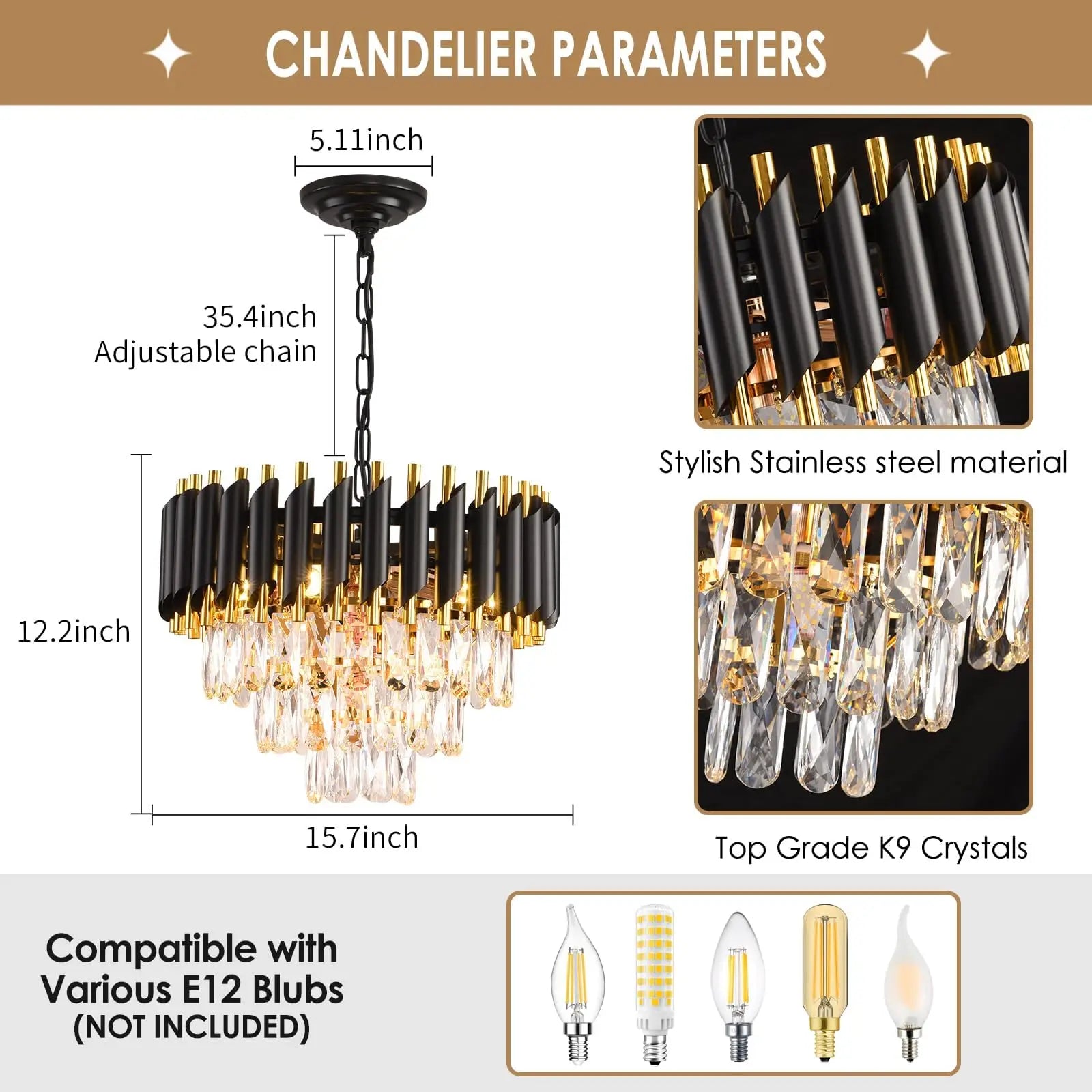 Black & Gold 3-Tier Crystal Chandelier – Modern Flush Mount Pendant Light Fixture