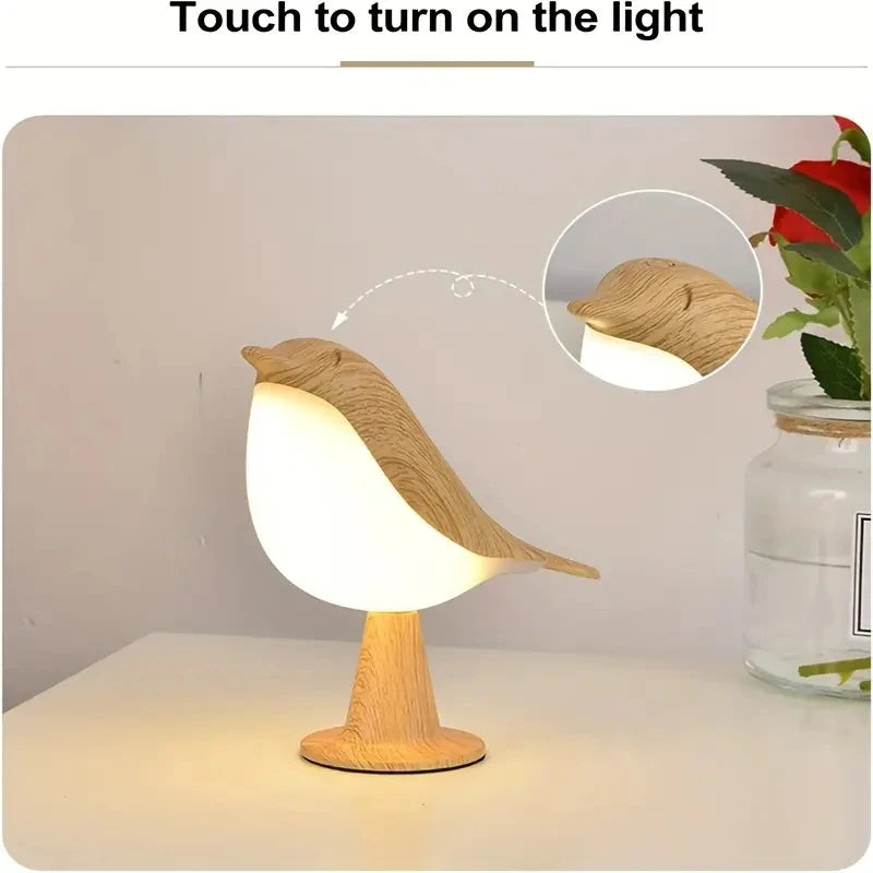 Modern Simple Magpie LED Bedside Lamp – Touch Control Wooden Bird Night Light with 3 Colors for Bedroom Decor