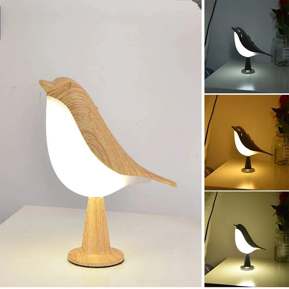 Modern Simple Magpie LED Bedside Lamp – Touch Control Wooden Bird Night Light with 3 Colors for Bedroom Decor