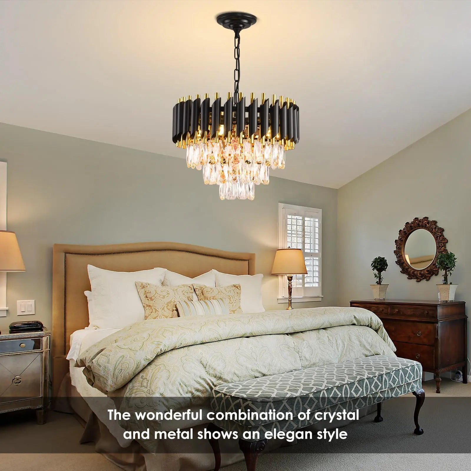 Black & Gold 3-Tier Crystal Chandelier – Modern Flush Mount Pendant Light Fixture