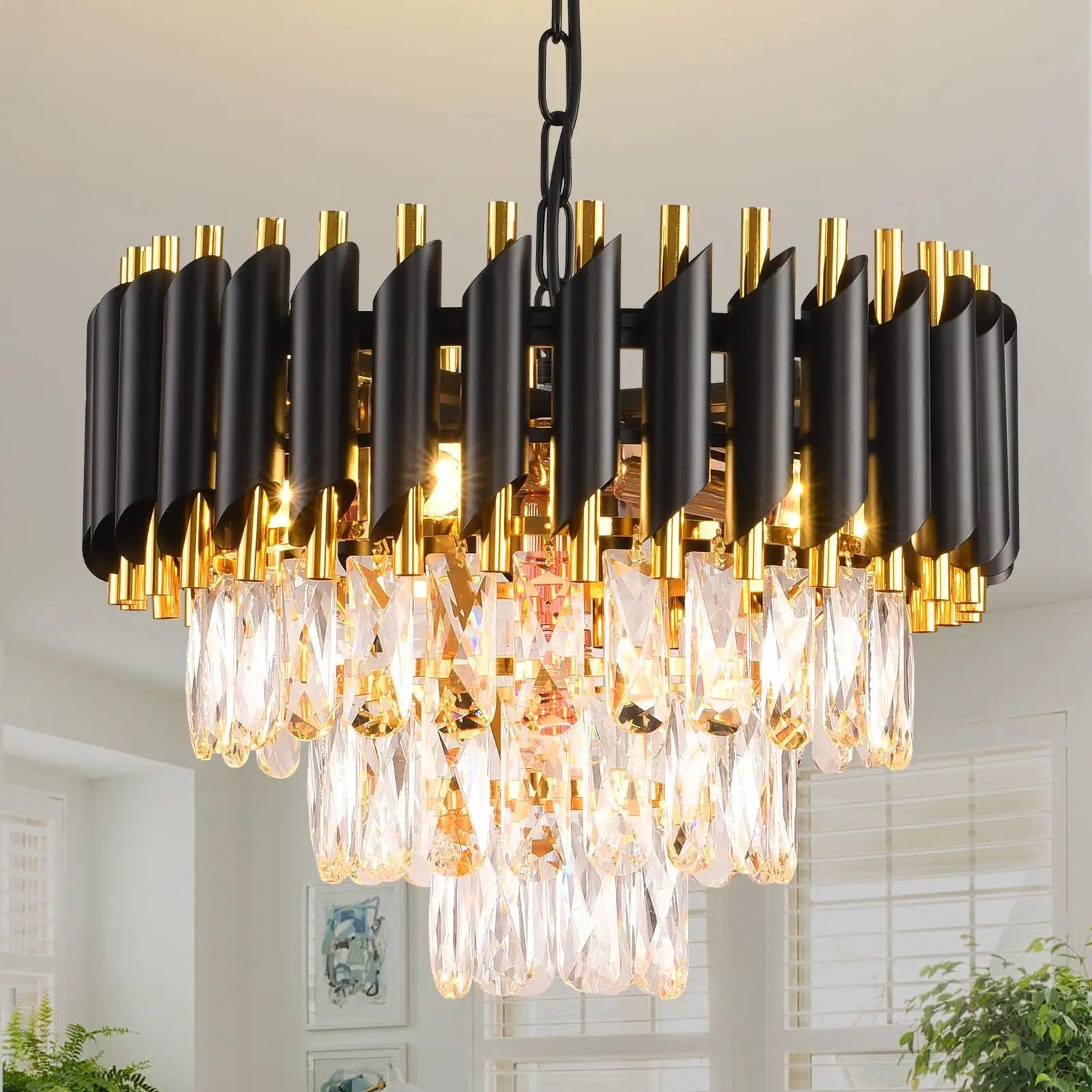 Black & Gold 3-Tier Crystal Chandelier – Modern Flush Mount Pendant Light Fixture