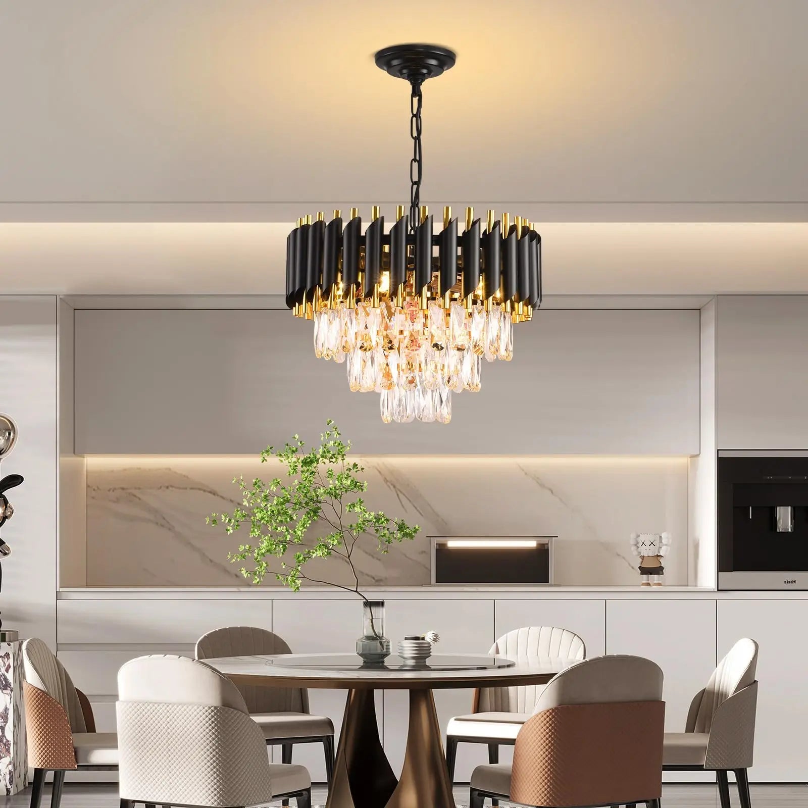 Black & Gold 3-Tier Crystal Chandelier – Modern Flush Mount Pendant Light Fixture