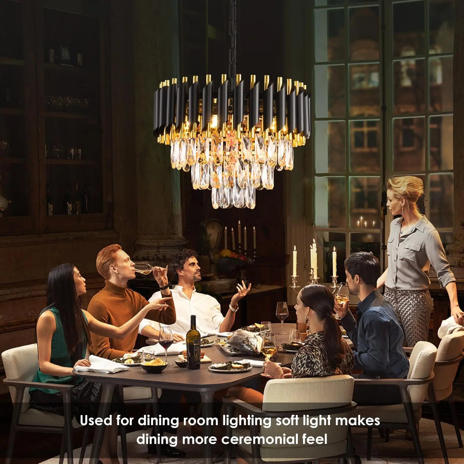 Black & Gold 3-Tier Crystal Chandelier – Modern Flush Mount Pendant Light Fixture