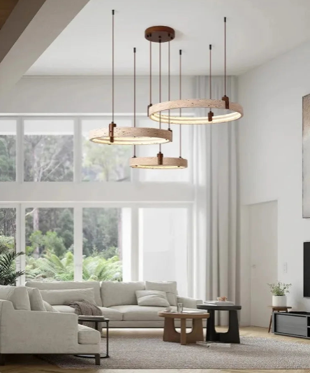 Wabi-Sabi Japanese Style Yellow Travertine Ring Chandelier – Natural Cave Stone Circle Pendant Light for Living Room Home Decor