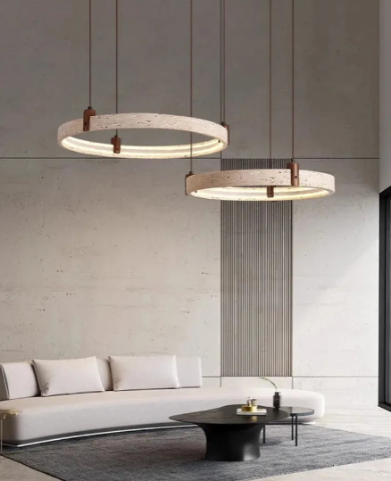 Wabi-Sabi Japanese Style Yellow Travertine Ring Chandelier – Natural Cave Stone Circle Pendant Light for Living Room Home Decor