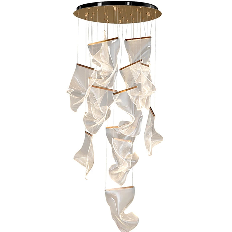 LED Art Paper Iron &amp; Acrylic Designer Chandelier – Modern Gold Hanging Lamp for Foyer, Living Room & Luxury Interiors