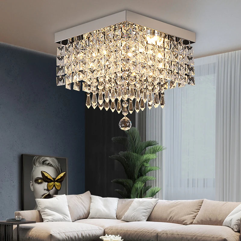 Black & Gold 3-Tier Crystal Chandelier – Modern Flush Mount Pendant Light Fixture