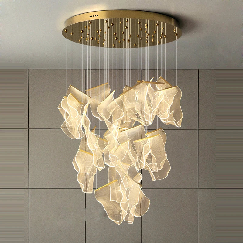 LED Art Paper Iron &amp; Acrylic Designer Chandelier – Modern Gold Hanging Lamp for Foyer, Living Room & Luxury Interiors