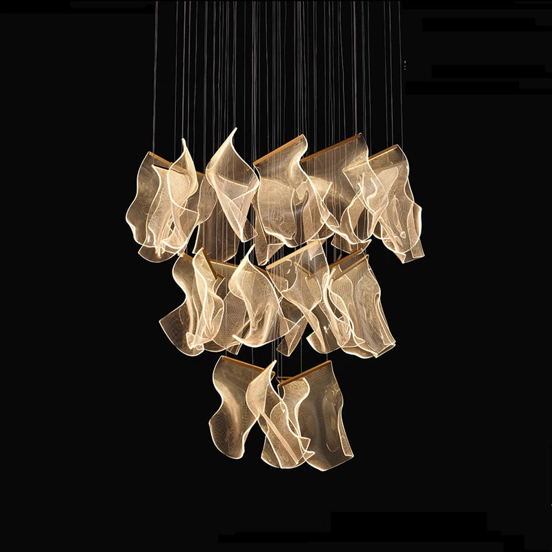 LED Art Paper Iron &amp; Acrylic Designer Chandelier – Modern Gold Hanging Lamp for Foyer, Living Room & Luxury Interiors