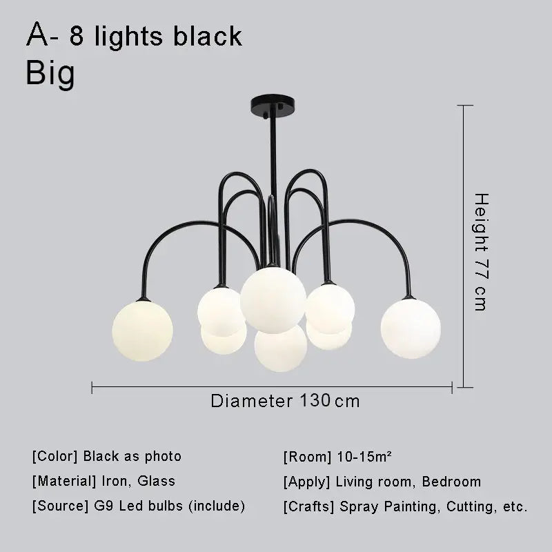 Modern Nordic LED Chandelier – Gold/Black Metal Suspension Light with Frosted Glass Shade (G9 Fixture)