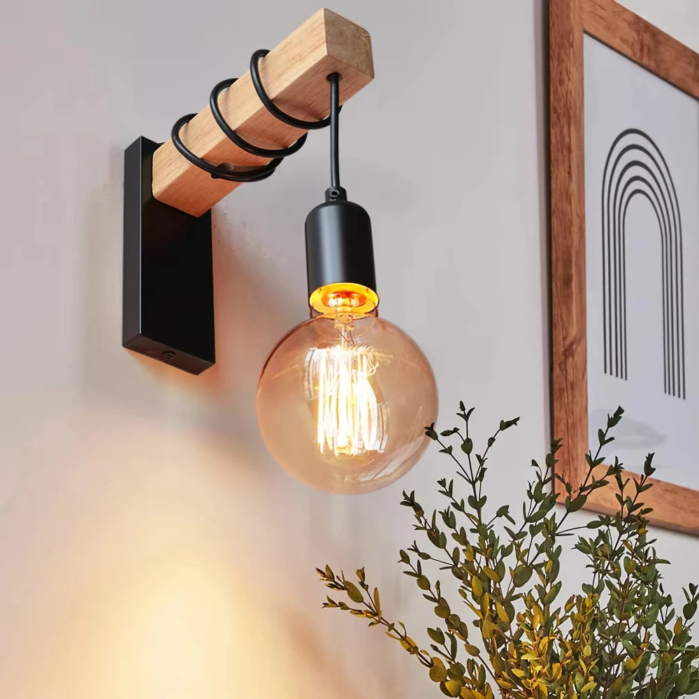 Retro Industrial Wood and Iron Wall Lamp – Vintage E27 LED Sconce for Living Rooms, Bedrooms, Restaurants, and Loft Interiors