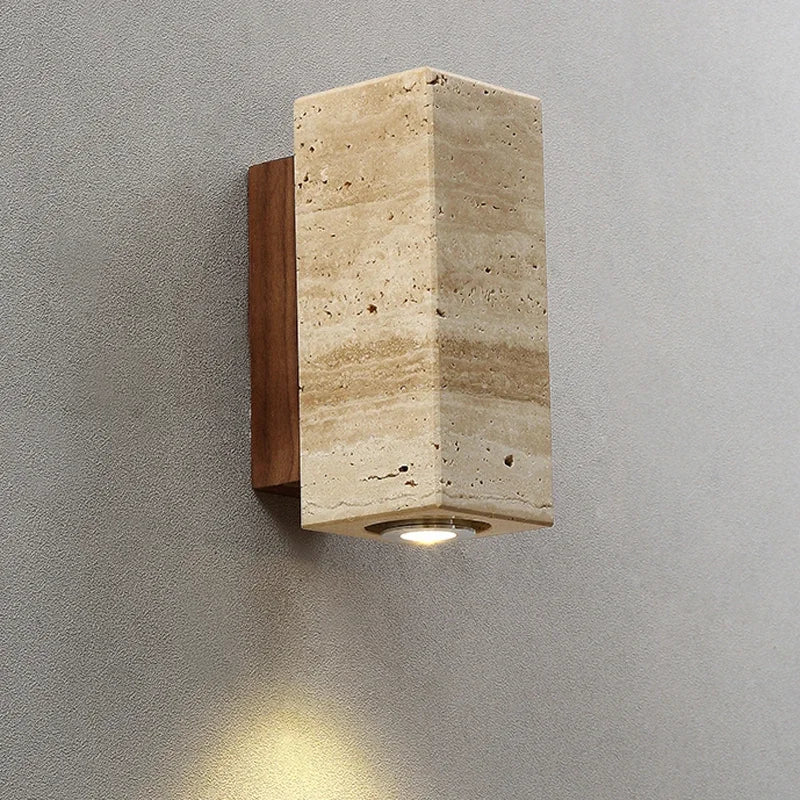Wabi-Sabi Yellow Marble LED Wall Lamp – Travertine Bedside Sconce for Japan-Style Bedrooms, Corridors, and Living Spaces