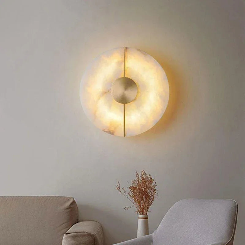 Modern Alabaster Moon LED Wall Lamp – Creative Marble Round Sconce with Gold Copper Accent for Bedroom and Living Room Décor