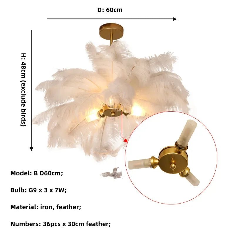 Nordic Ostrich Feather LED Chandelier – Luxury Soft Feather Pendant Lamp for Living Room & Bedroom