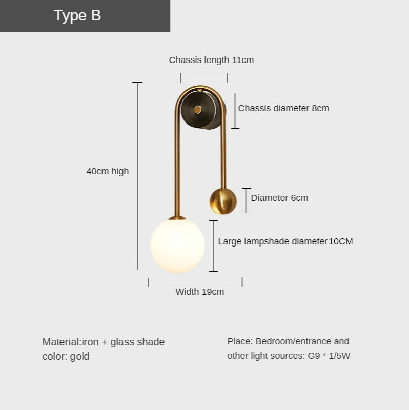 Modern Glass Ball LED Wall Lamp – Nordic Gold and Black Sconce for Bedroom and Living Room Interior Lighting