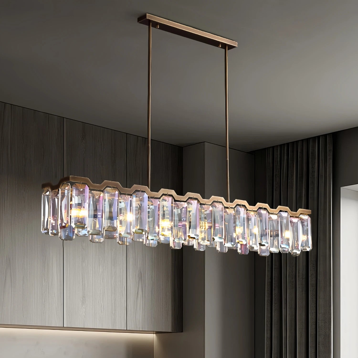 Iridescent Crystal Chandelier – Designer Luxury Round & Long Pendant Light for Dining Room, Living Room, Hotel & Villa