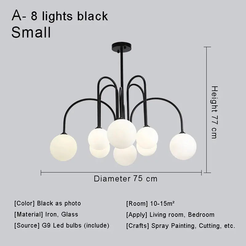 Modern Nordic LED Chandelier – Gold/Black Metal Suspension Light with Frosted Glass Shade (G9 Fixture)