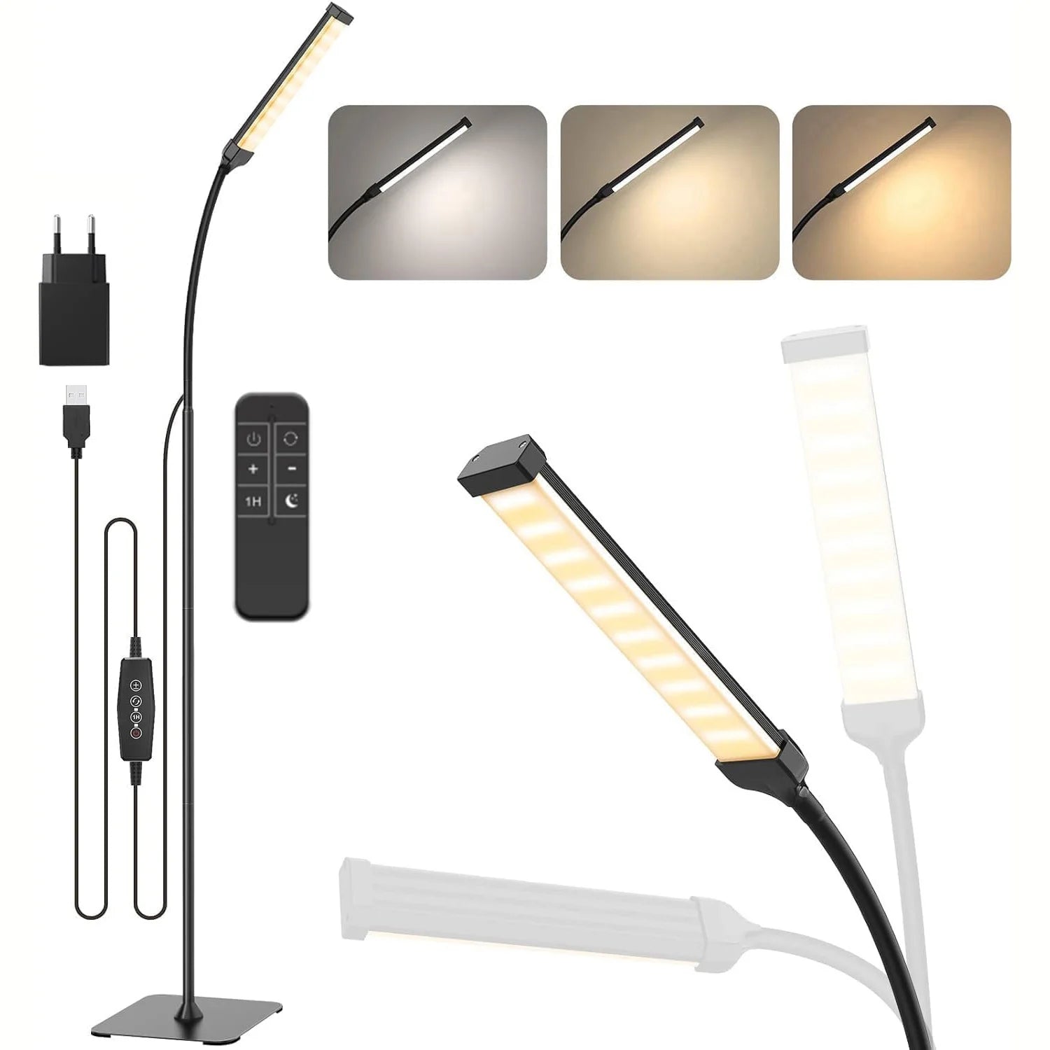 Dimmable LED Gooseneck Floor Lamp – Adjustable 3-Color, 5-Level Standing Light with Remote for Reading and Living Rooms