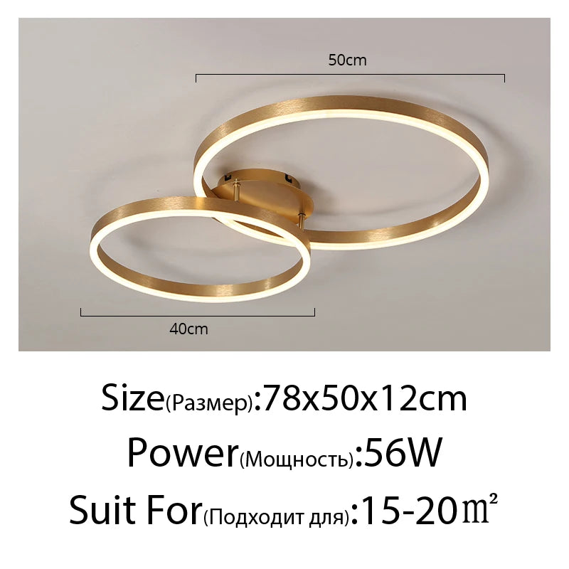 Household Gold LED Chandeliers – Modern 3-Circle Metal Ceiling Light for Living Room, Bedroom & Dining Room