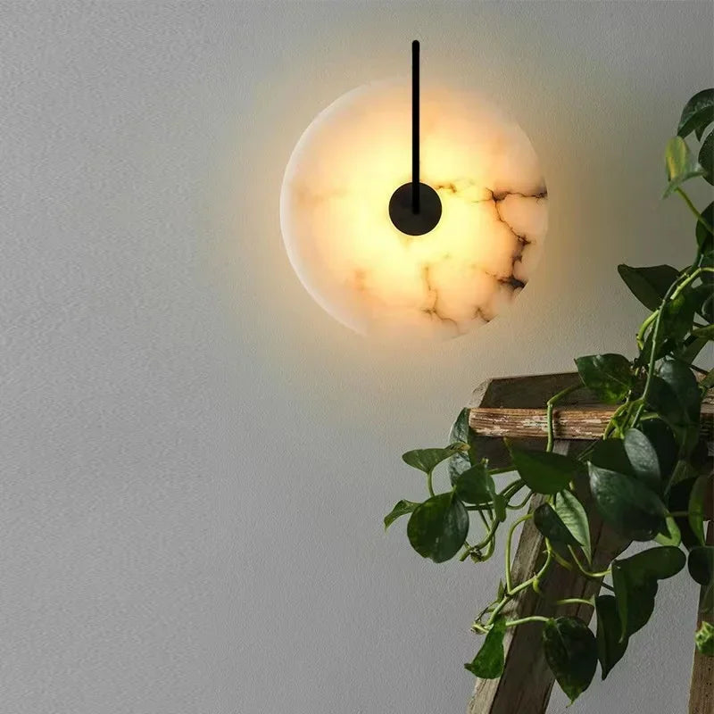 Nordic Marble Moon LED Wall Sconce – Modern Iron and Artificial Marble Bedside Lamp for Bedrooms, Living Rooms, and Hotel Interiors