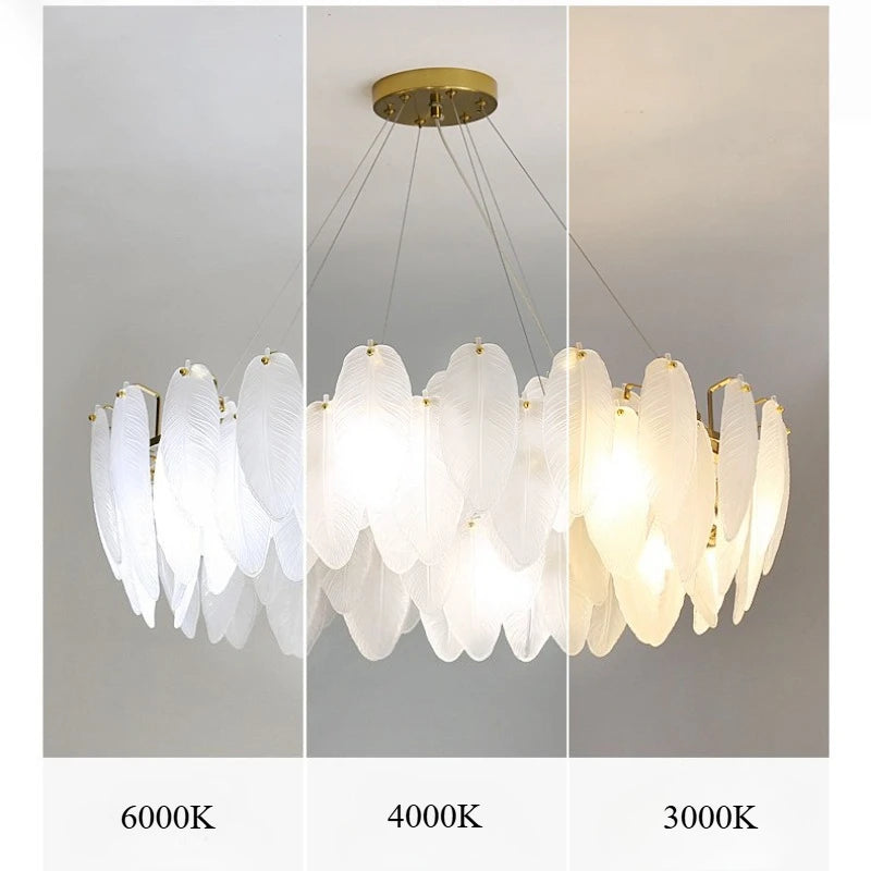 Modern Luxury Feather Glass Chandelier – Gold Round Decorative Lighting for Living Room, Bedroom & Dining Area
