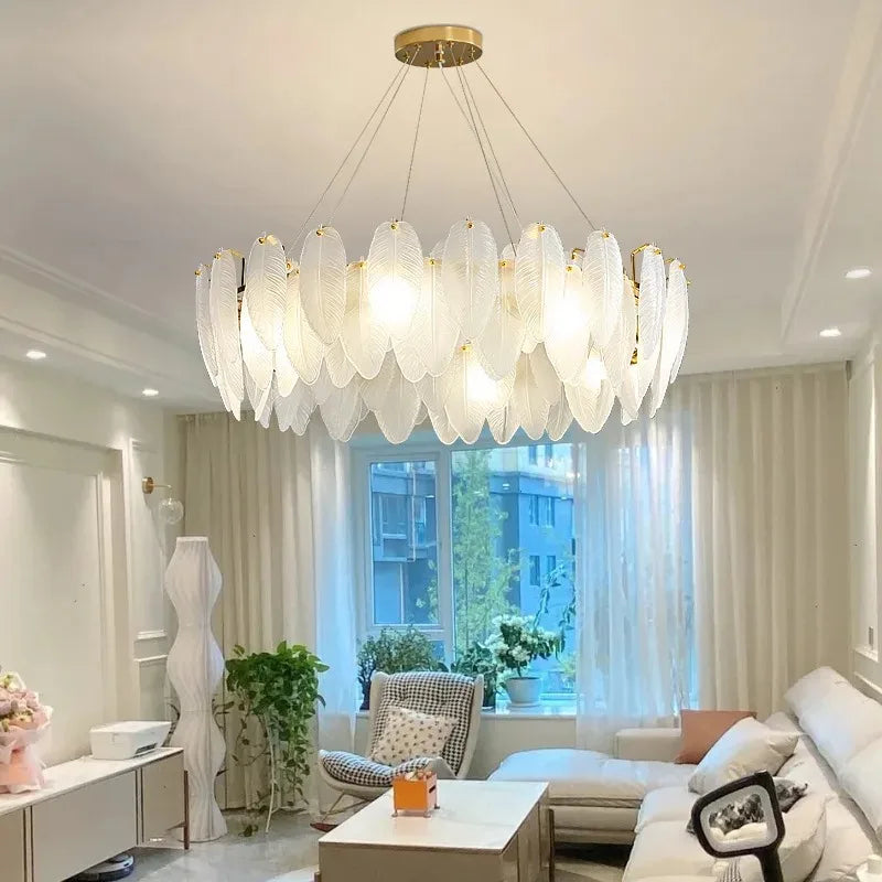 Modern Luxury Feather Glass Chandelier – Gold Round Decorative Lighting for Living Room, Bedroom & Dining Area