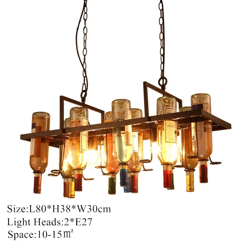 American Retro Industrial Rust Metal Chandelier – Vintage Wine Bottle Glass Pendant Light for Bars, Cafés, and Restaurants