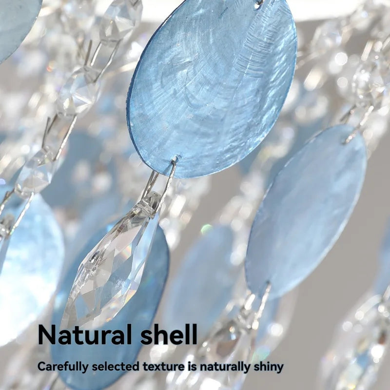 French K9 Crystal Chandelier – Luxury Vintage Blue & White Natural Shell Pendant Light for Romantic Villas, Living Rooms & Bedrooms