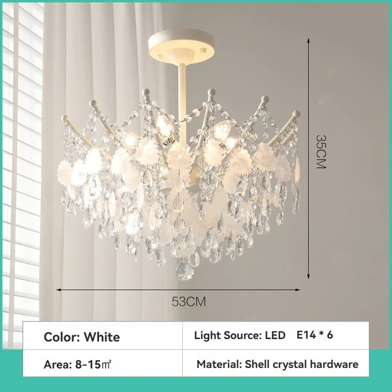 French K9 Crystal Chandelier – Luxury Vintage Blue & White Natural Shell Pendant Light for Romantic Villas, Living Rooms & Bedrooms