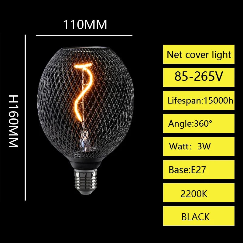Creative Luxury Black Gold LED Light Bulb – Wrought Iron Mesh Cage Globe Lamp for Dining & Bar Decor