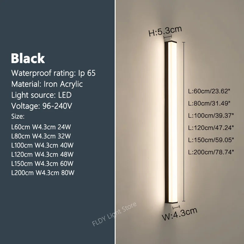 Modern Waterproof Outdoor Long Strip LED Wall Light – IP65 Wrought Iron Garden, Porch & Exterior Wall Lighting
