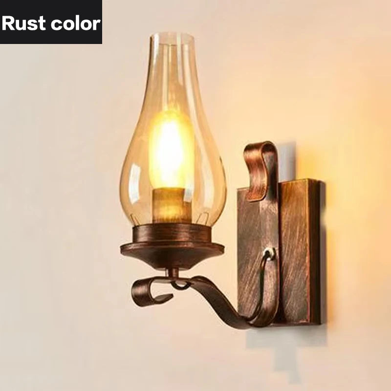 Retro Industrial Iron Wall Lamp – Vintage Kerosene-Style Glass Sconce for Restaurants, Corridors, Bedrooms, and Loft Interiors