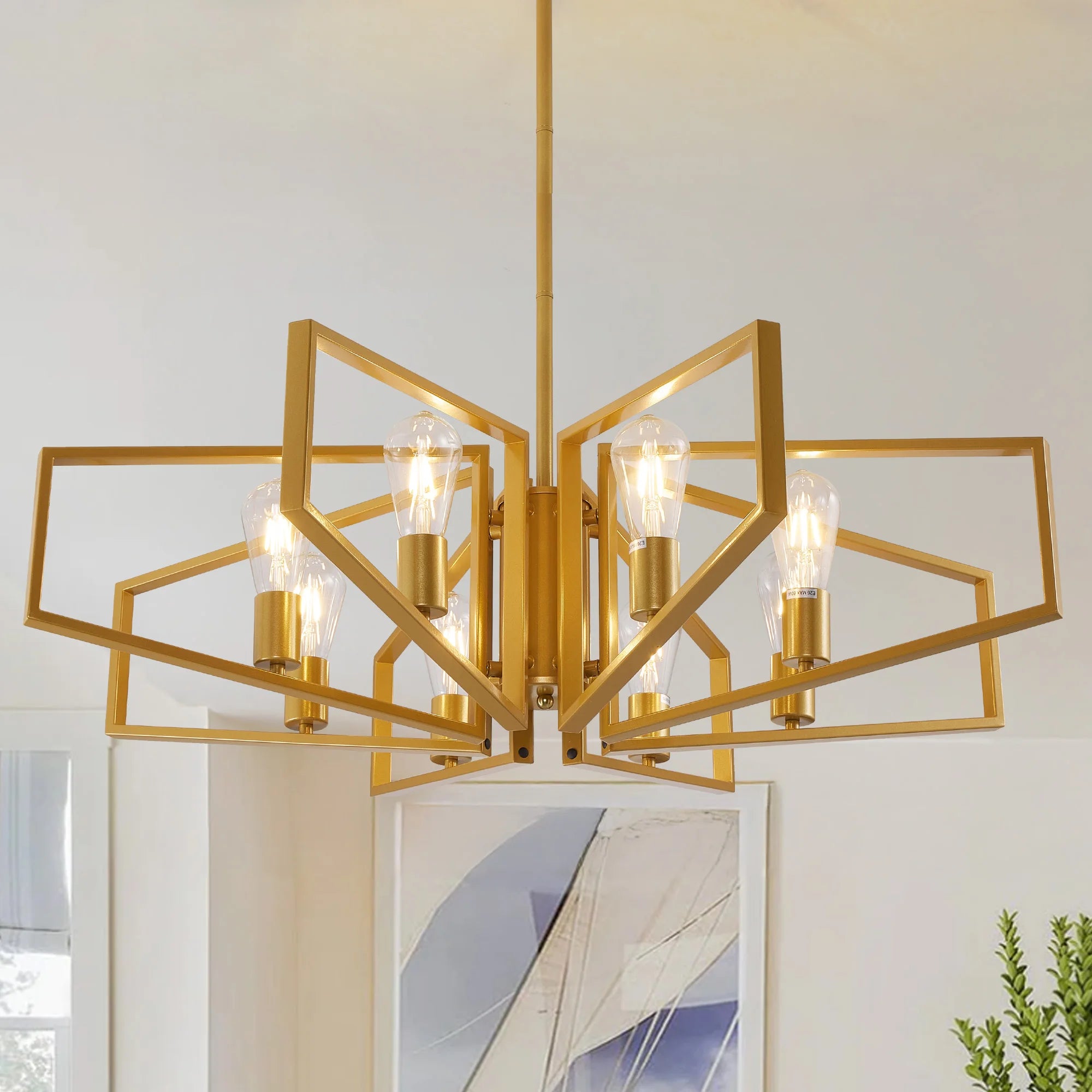 Modern 8-Light Geometric Chandelier – Adjustable Height Metal Pendant Light, Black Frame, Golden Accents