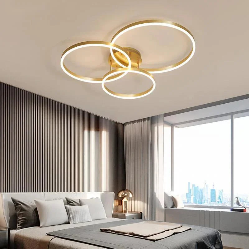 Household Gold LED Chandeliers – Modern 3-Circle Metal Ceiling Light for Living Room, Bedroom & Dining Room