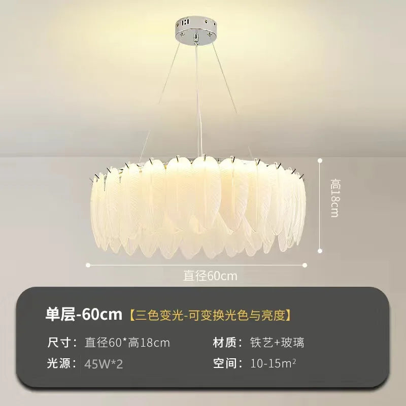 Modern Luxury Feather Glass Chandelier – Gold Round Decorative Lighting for Living Room, Bedroom & Dining Area
