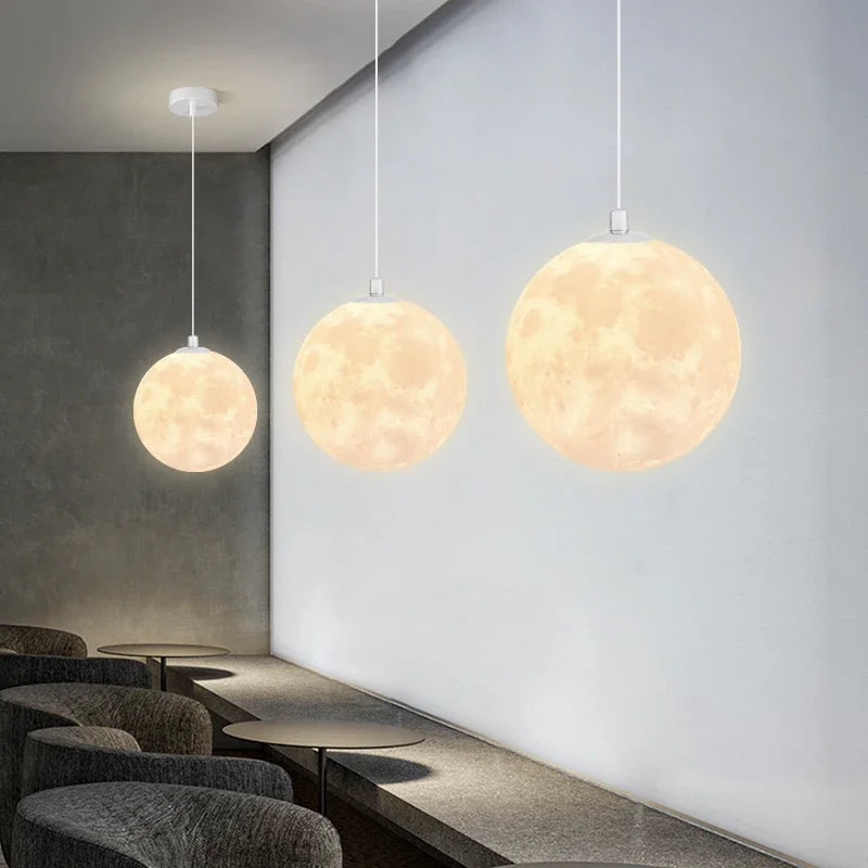 Nordic LED Moon Pendant Chandelier – Modern 3D Moon Globe Light for Dining Room, Kitchen, Bedroom & Bar