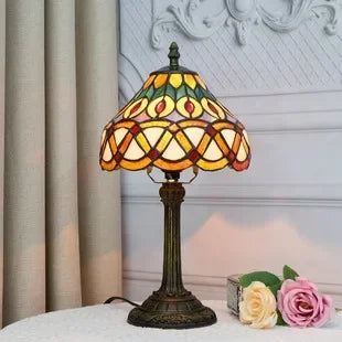 Stained Glass Tiffany Style Table Lamp – Antique Green Reading Light for Bedroom, Living Room, and Office Decor