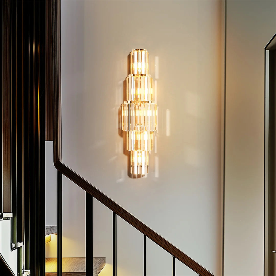 Modern Crystal Layered Wall Sconce – Luxury Gold LED Decorative Light with Multi-Tier Crystal Design for Living Rooms and Hallways