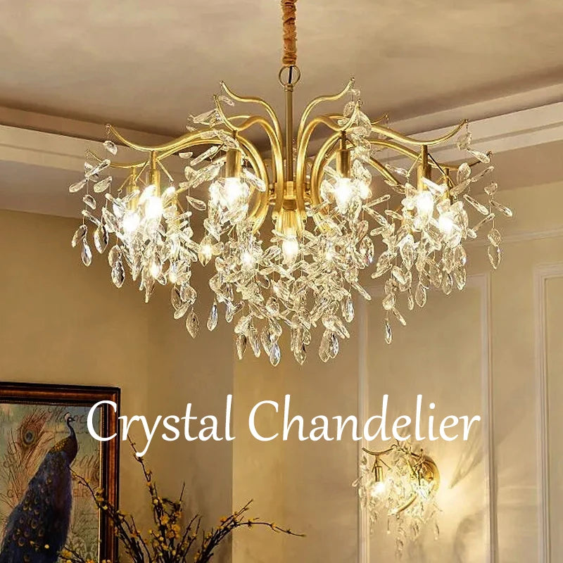 American Pastoral Luxury LED Crystal Chandelier – Elegant Ceiling Pendant Lamp for Bedroom & Living Room