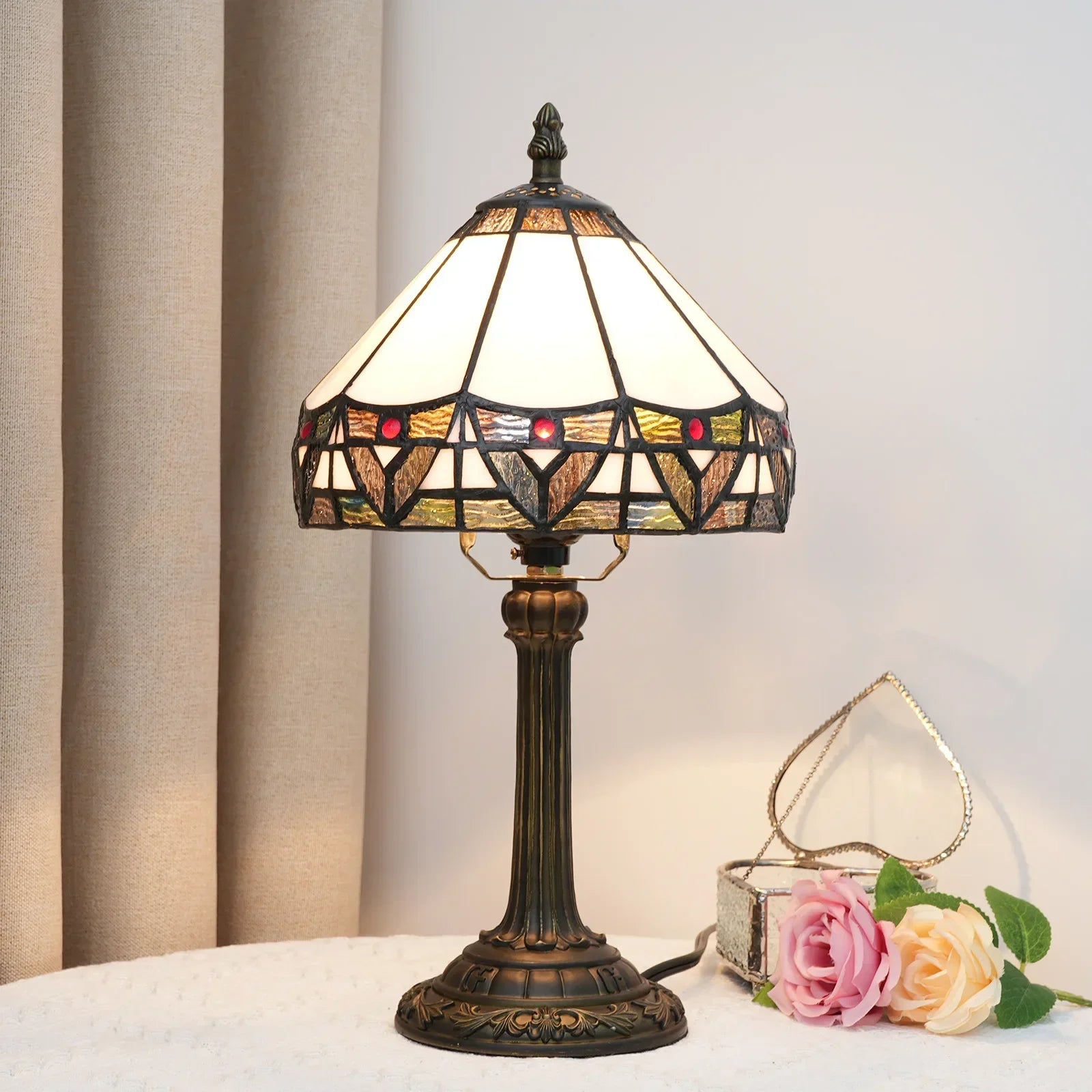 Stained Glass Tiffany Style Table Lamp – Antique Green Reading Light for Bedroom, Living Room, and Office Decor