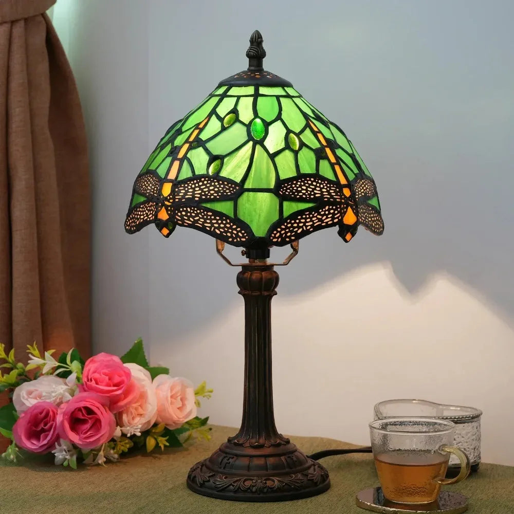 Stained Glass Tiffany Style Table Lamp – Antique Green Reading Light for Bedroom, Living Room, and Office Decor