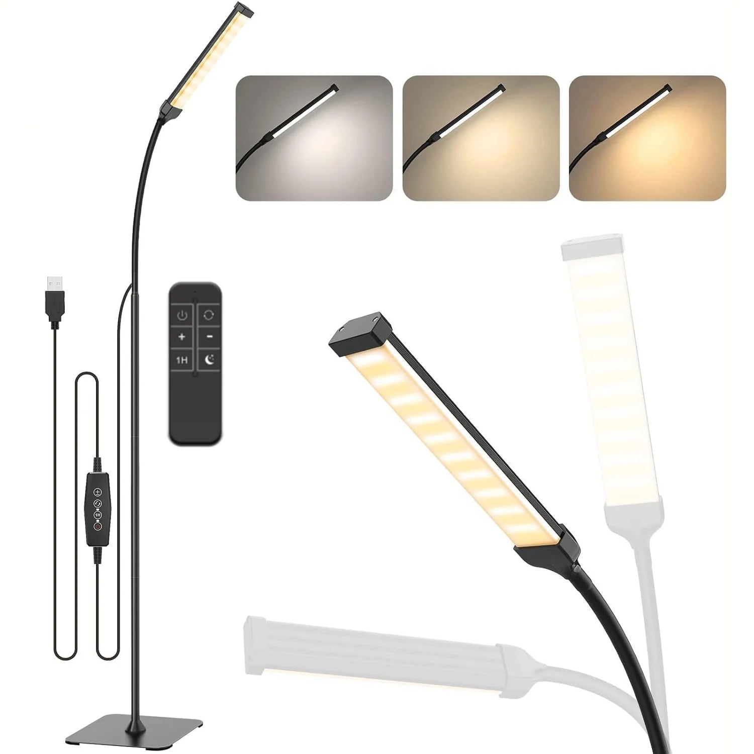 Dimmable LED Gooseneck Floor Lamp – Adjustable 3-Color, 5-Level Standing Light with Remote for Reading and Living Rooms