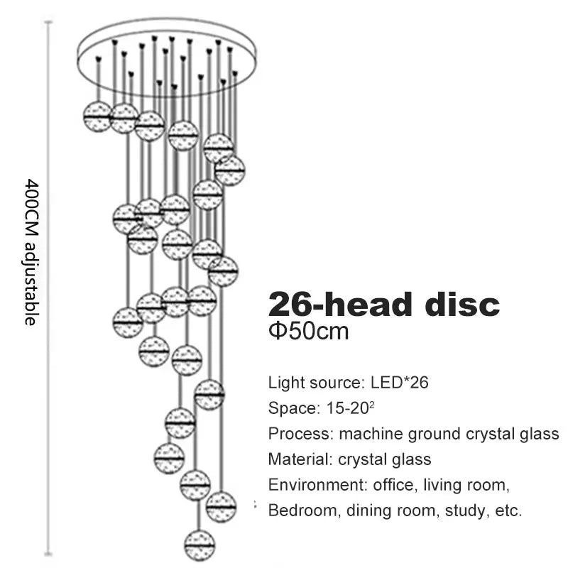 Spiral Staircase Living Room Crystal Ball LED Chandelier – Modern 2024 Luxury Ceiling Light for Home, Dining & Bedroom