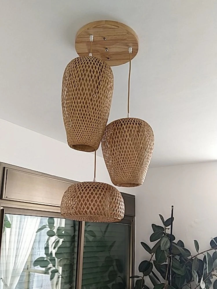 Lomin Bamboo Light Pendant Lamp – Hand-Woven Natural Rattan Wicker Chandelier (E27, 110V / 220V)