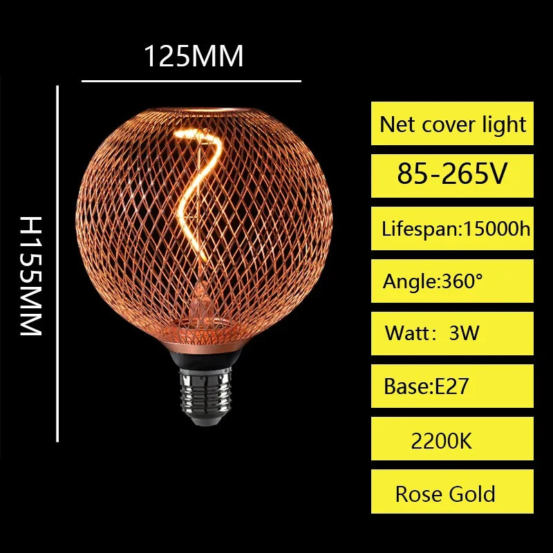 Creative Luxury Black Gold LED Light Bulb – Wrought Iron Mesh Cage Globe Lamp for Dining & Bar Decor