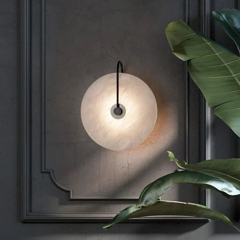 Nordic Marble Moon LED Wall Sconce – Modern Iron and Artificial Marble Bedside Lamp for Bedrooms, Living Rooms, and Hotel Interiors