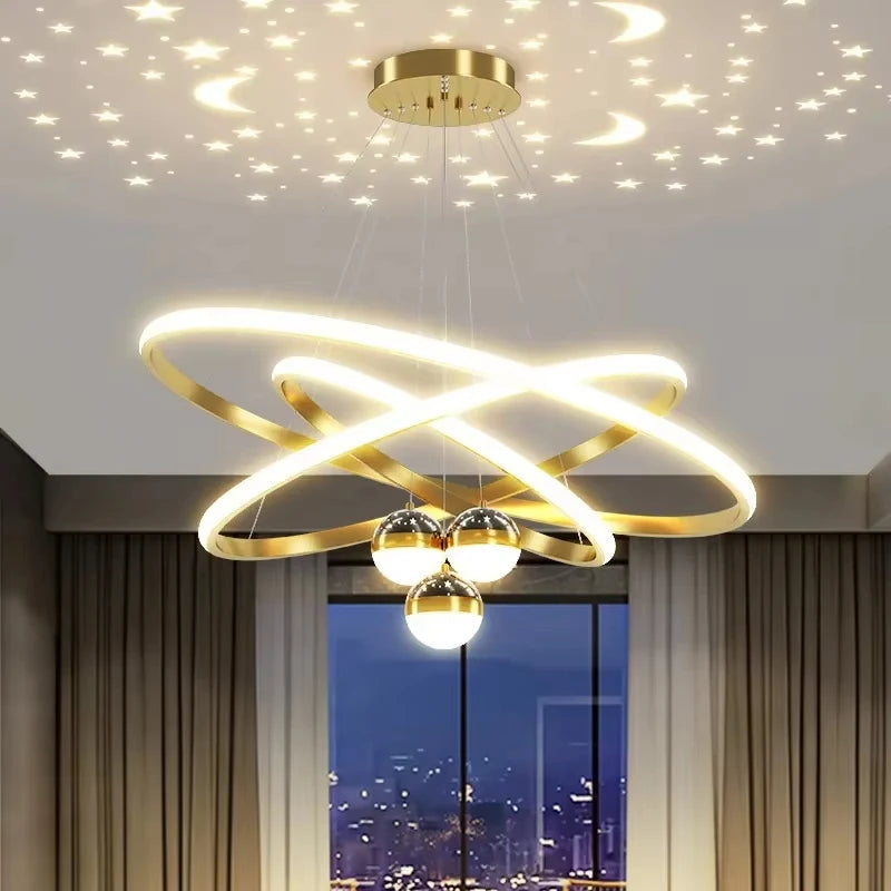 Nordic Starry Sky Projection LED Chandelier – Modern Black & Gold Ceiling Pendant for Living Room, Bedroom, Kitchen