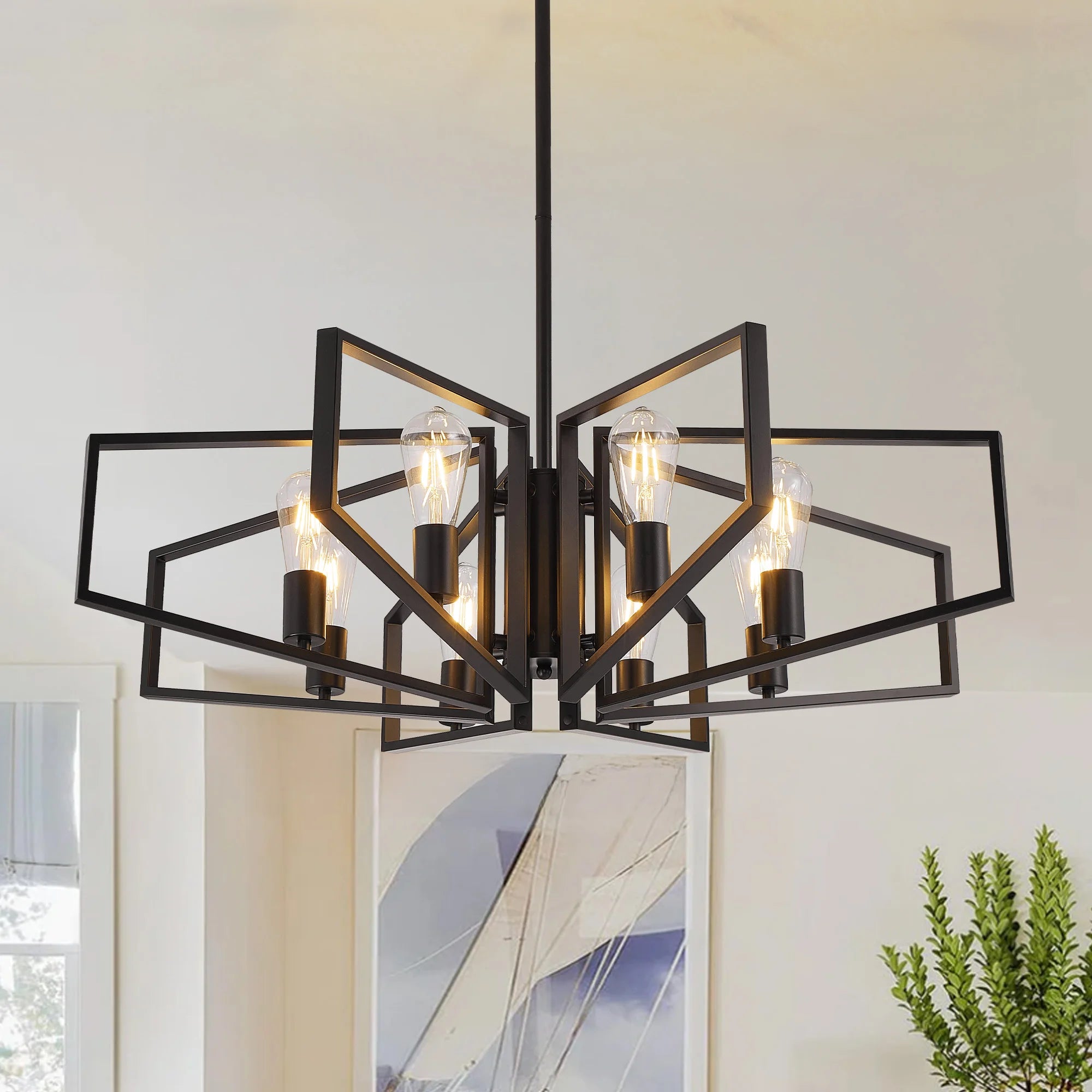 Modern 8-Light Geometric Chandelier – Adjustable Height Metal Pendant Light, Black Frame, Golden Accents