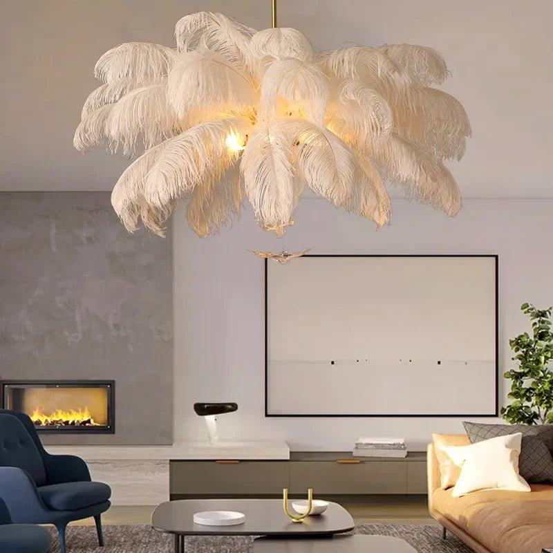 Nordic Ostrich Feather LED Chandelier – Luxury Soft Feather Pendant Lamp for Living Room & Bedroom