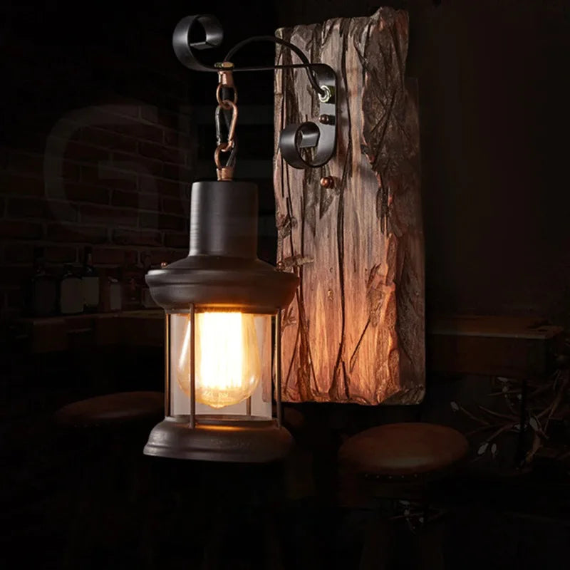Vintage Industrial Wood and Iron Wall Sconce – Rustic Decorative Lighting for Corridors, Lofts, Bars, and Bedroom Walls